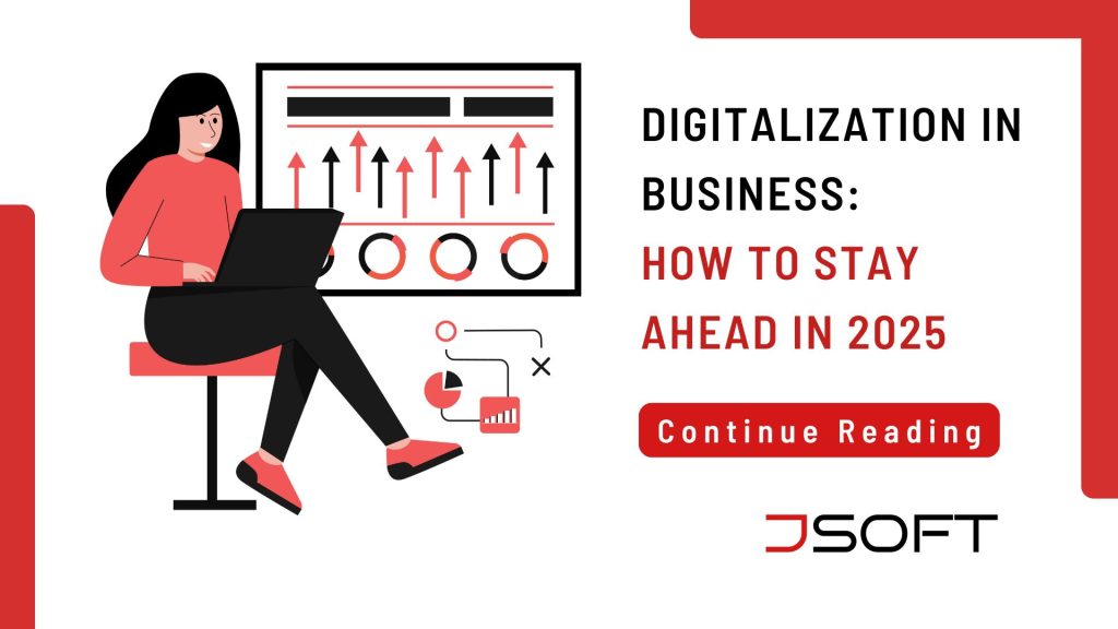 Illustration of professionals using digital devices with growth charts and technology icons, representing business digitalization in 2025